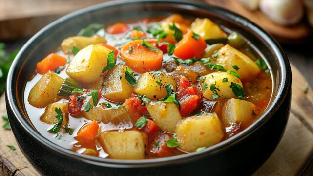 Steaming vegetable stew with potatoes and carrots in hearty broth
