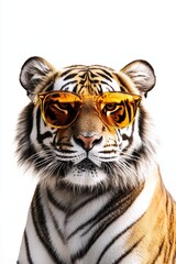 Obraz premium Tiger wearing stylish sunglasses posing confidently. Unique animal portrait showcasing playful attitude and vibrant colors in humorous wildlife photography.