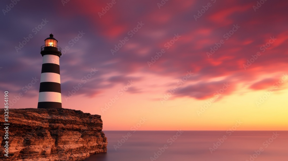 Poster a striking lighthouse stands against a colorful sunset, casting reflections over calm waters, surrou