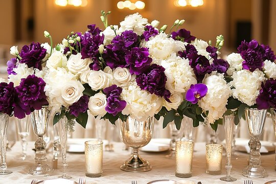 Stunning floral arrangement centerpiece with elegant flowers and candles