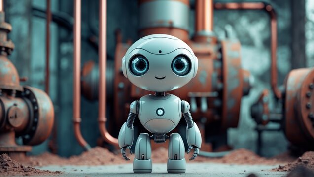 Cute robot with large eyes stands in an industrial setting surrounded by rusted metal structures. - Powered by Adobe