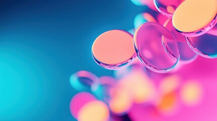 Droplets in bright pink and orange float against a smooth blue backdrop, creating an eye-catching abstract composition that mesmerizes