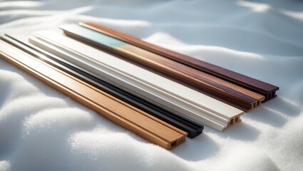 Different colored samples of wooden skirting boards lying on white surface.
