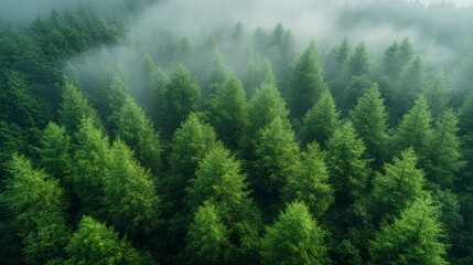 close-up of green forest trees covered in foggy mist