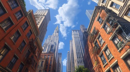A low angle view of vintage red brick buildings and towering skyscrapers under a blue sky