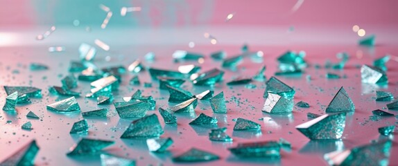 Shattered glass on pink and turquoise background reflecting light.