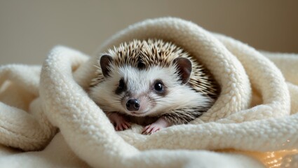 Cute hedgehog nestled in a cozy blanket enjoying a warm atmosphere indoors.