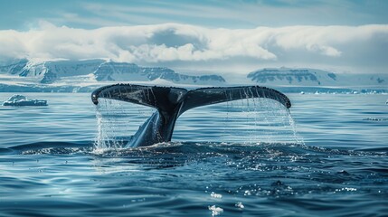 Whale Migration A whale's tail emerges from the ocean, splashing water against a serene backdrop of icy landscapes and clouds.