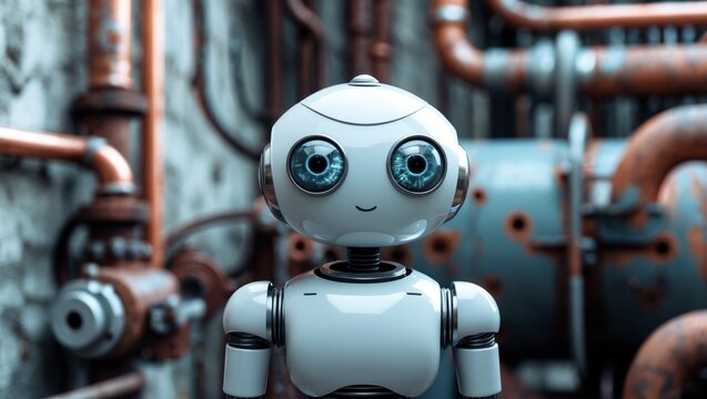 Cute robot with large eyes stands in an industrial setting surrounded by rusted metal structures - Powered by Adobe