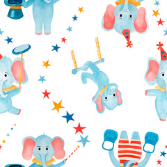 Seamless pattern watercolor hand drawn cartoon elephants: illusionist, strongman, gymnastics, juggler and stars on white background. For child fabric, wallpaper nursery, sticker, textile printing. © Tatiana