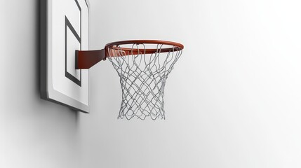 A sleek 3D-rendered basketball hoop mounted on a pristine white wall, featuring a sturdy metal frame, classic wooden rim, and cascading metal net