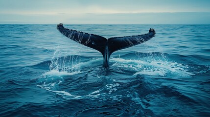 Whale Migration A majestic whale's tail rises above the ocean surface, creating splashes as it dives into the depths, showcasing the beauty of marine life.