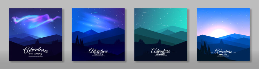 Vector illustration. Set of cards, flat style landscape. Aurora borealis with mountains. Design for poster, postcard, banner, cover.