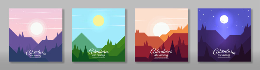 Fototapeta premium Set of abstract vector landscape. Flat style design. Morning, noon, evening and night. Mountains with hills and forest. Touristic card design.
