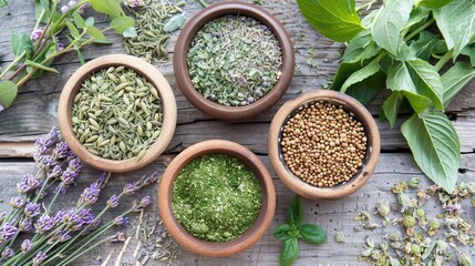 An assortment of herbs in terracotta bowls on a wooden surface, complemented by fresh greens and sprigs of lavender, showcasing natural ingredients.