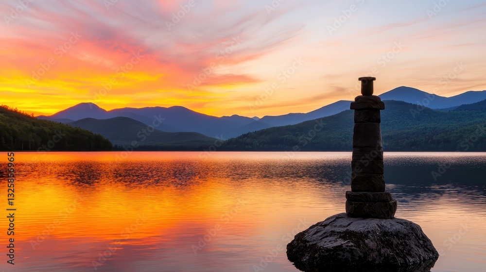 Poster a serene sunset over a lake, with mountains in the background and a stone structure on the shore, cr