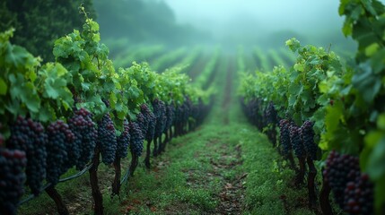 close-up of grapes on the vine in a vineyard in the morning fog