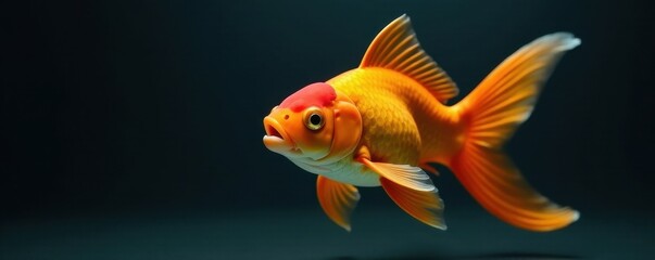 Fototapeta premium Single orange goldfish, gaping mouth, dark backdrop High resolution image , swimming, nature, close up shot