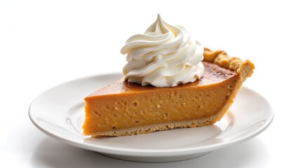 A warm slice of pumpkin pie with a velvety filling, crowned with whipped cream, placed gracefully on a small, simple white plate, looking inviting and delicious