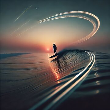 A delicate trace of twilight lingers over the ocean as the surfe