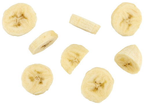 Flying banana slices isolated on a transparent background. Completely in focus. Full depth of field. PNG.