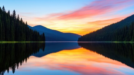 Fototapeta premium A serene landscape featuring a lake surrounded by mountains, reflecting a vibrant sunset with colorful skies and lush greenery.