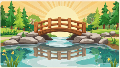 Fototapeta premium Bridge over tranquil stream with trees and sunrise