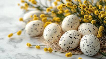 Speckled Easter eggs on a marble surface with yellow flowers and straw. The image is ideal for Easter-themed marketing, greeting cards, and social media.
