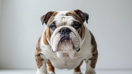 Fototapeta premium A sturdy Bulldog with a white and brindle coat.