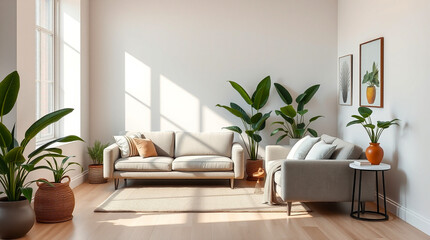 A minimalist interior design of a modern home with plants and a cozy sofa  – Generative AI