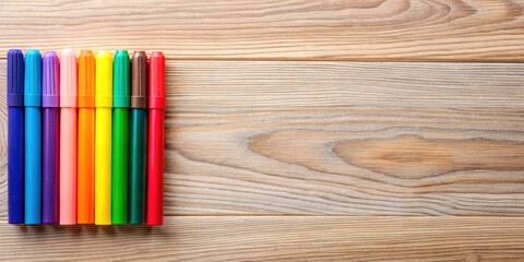 Obraz premium Vintage Flat Lay Minimalist Eco-Friendly Markers Wooden Background Product Photography