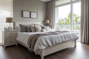 Luxurious bedroom with king-size bed, neutral tones, and balcony view.