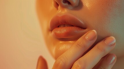 A close-up of a person's lips and hand, showcasing a soft, glossy texture with a warm, colorful background.