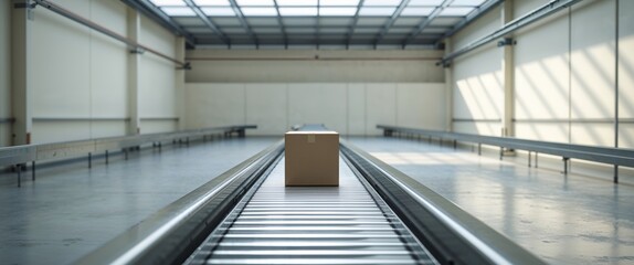 Cardboard Box on Conveyor Belt in Modern Warehouse Environment