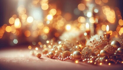 Golden bokeh holiday lights blur with a bright Christmas glow