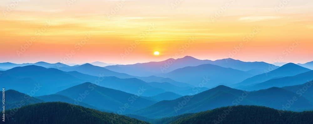 Aufkleber a breathtaking view of rolling mountains at sunrise, with hues of orange and blue blending in the sk