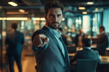 Obraz premium Photo of a courageous executive standing in the front row, pointing forward with determination while employees work hard in the background.