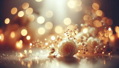 Golden Christmas lights sparkle with a blurred, bright glow, creating a magical holiday bokeh