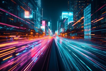 Fototapeta premium An abstract futuristic cityscape with vibrant neon lights, expressing energy and movement, creating an immersive sci-fi aesthetic.