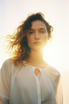 Expired film photography of woman portrait fashion adult contemplation.