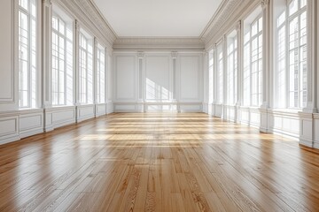  Empty room with white walls and wooden floor, top-view wide-angle 3D rendering. Hyper-realistic, high-resolution interior with natural and cinematic lighting.