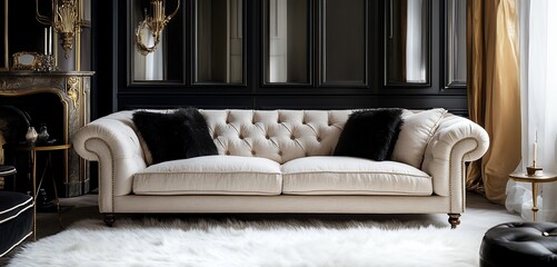 A Luxurious Cream Sofa, Elegantly Styled With Plush Black Cushions, Rests In A Sophisticated Dark-paneled Room, Exuding Quiet Opulence And Refined Comfort