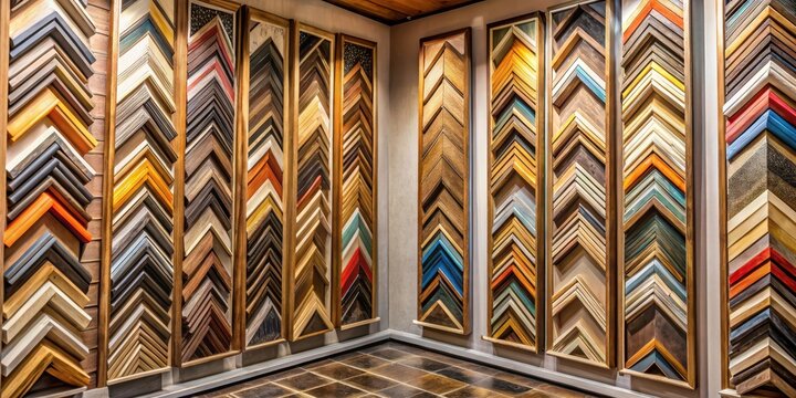A custom frame shop with a display of corner framing samples in various styles and materials , carpentry, design elements