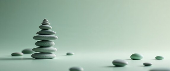Obraz premium Tranquil Stacked Stones on Soft Mint Background for Serenity Concepts