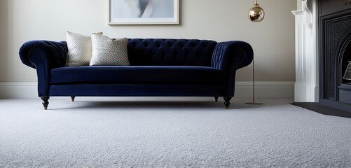 A Luxurious Navy Velvet Sofa Rests Elegantly On A Plush, Light Gray Carpet, Creating A Sophisticated And Calming Living Room Atmosphere