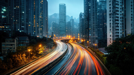 Busy highway at dusk, through modern city skyscrapers.  Urban traffic, light trails, and high-rise buildings.  Evening rush hour, urban landscape, illuminated roadway.  City lights.