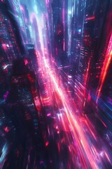 Fototapeta premium A modern abstract background that reflects a high-tech futuristic city bathed in bright neon lights. Dynamic light strips stretch across towering buildings.