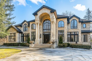 A Majestic Stone Mansion Basking In Sunlight, Showcasing Grand Arched Entryways And Expansive Windows, Creating An Air Of Timeless Elegance And Luxury On A Crisp Winters Day