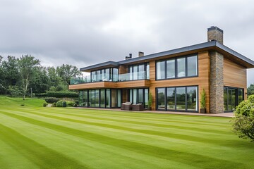 A Modern, Luxurious Family Home Nestled On A Sprawling Green Lawn, Boasting Expansive Windows And A Stone Chimney, Creating A Tranquil And Inviting Atmosphere