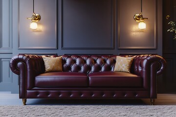 A Regal Burgundy Leather Chesterfield Sofa, Elegantly Placed In A Dimly Lit Room, Exudes Timeless Sophistication With Warm Golden Accents And Soft Lighting